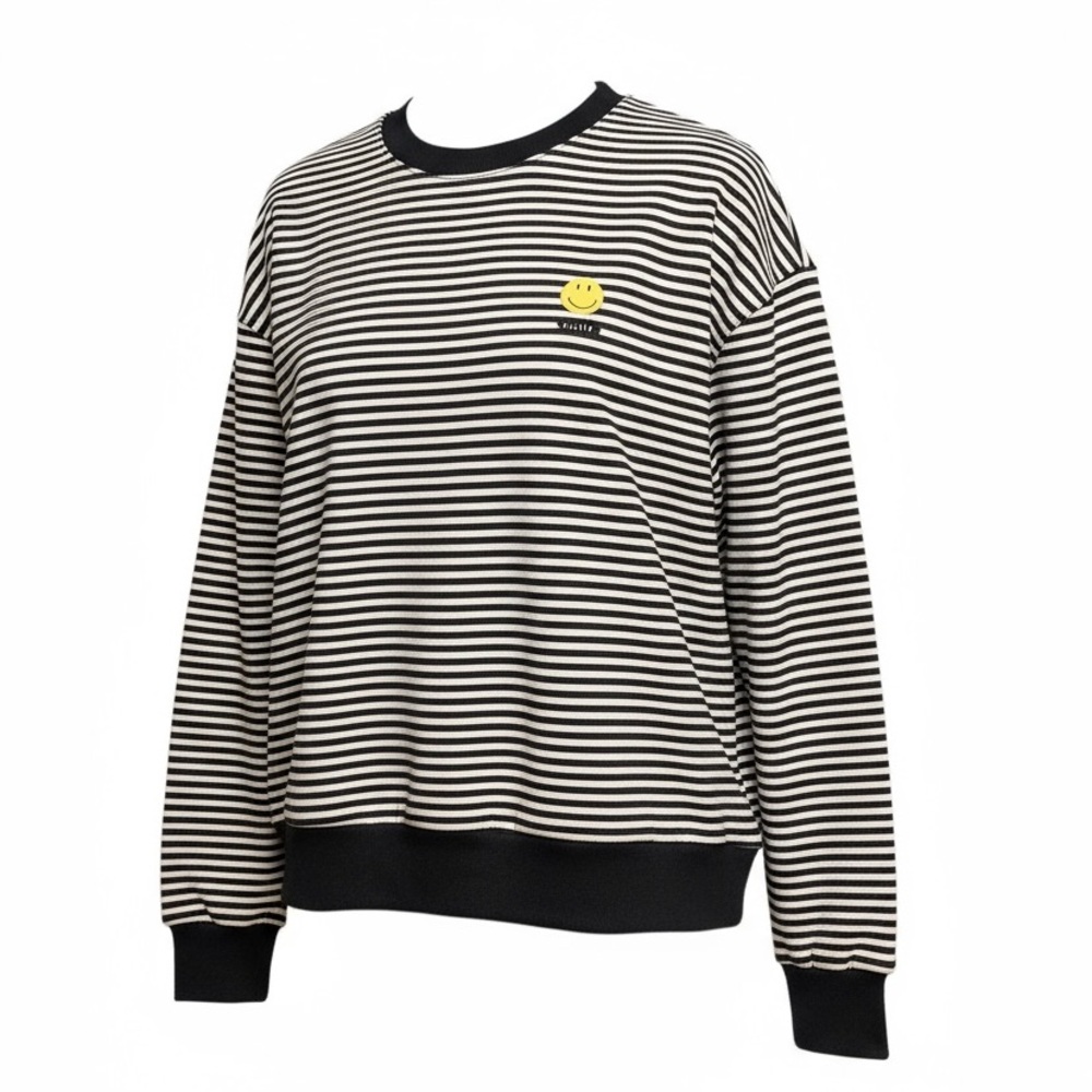 White Birch Smile emoji Crewneck Sweatshirt Charcoal Gray Stripe. Size XL